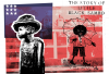 The image is a collage with an American flag in the background and an image of a young Black boy and a illustration of Little Black Sambo, a racist depiction of a Black boy 