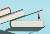 The illustration shows a little person lifting up the cover of a giant book, which other books are stacked on top of. It is on a light blue background. 