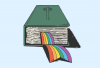 An illustration of a Bible with a rainbow pride flag bookmark poking out of the pages.