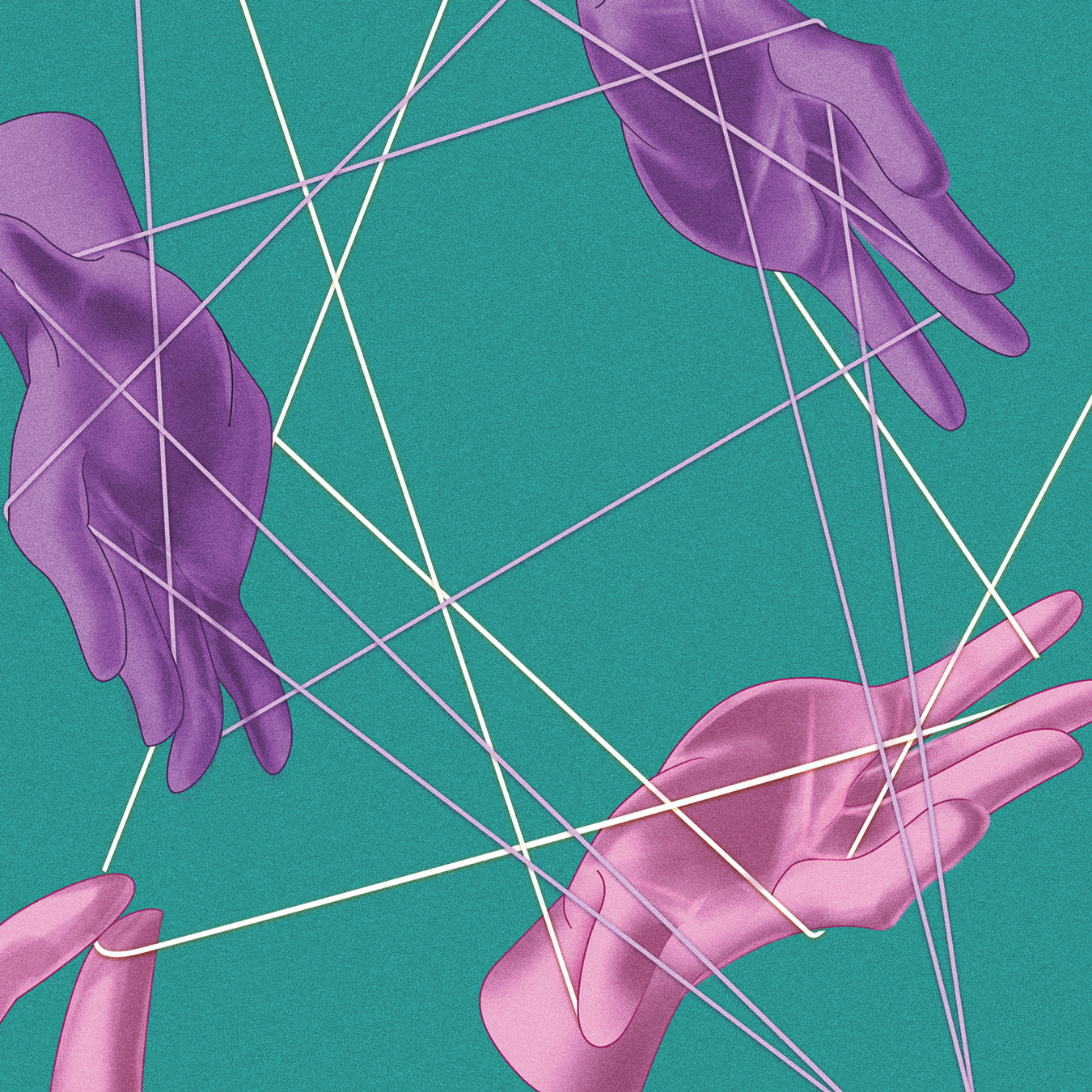 An illustration of disembodied pink and purple hands plucking and stretching crisscrossing white and purple strings across a teal backdrop.