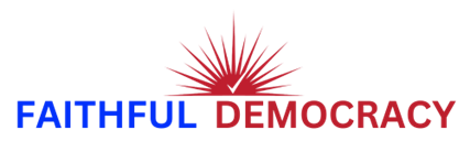 A blue and red logo with a rising sun inset with a check mark, includes the words "Faithful Democracy"