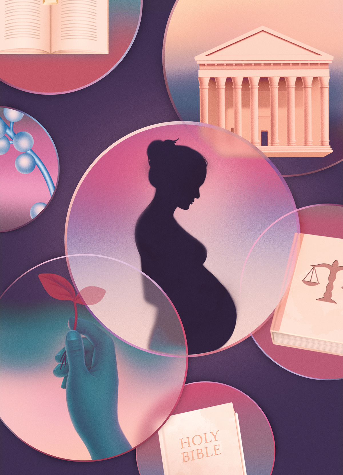 An illustration of pink bubbles on a purple backdrop with various things in them, such as the silhouette of a pregnant woman, a hand holding a sprout, the Bible, the Supreme Court building, and more.